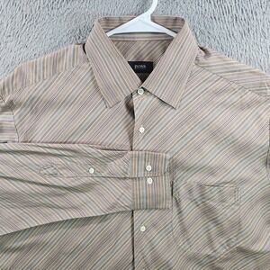 Boss‎ Hugo Boss Dress Shirt Men 42 16.5 Button Up Log Sleeve Light Tan Striped